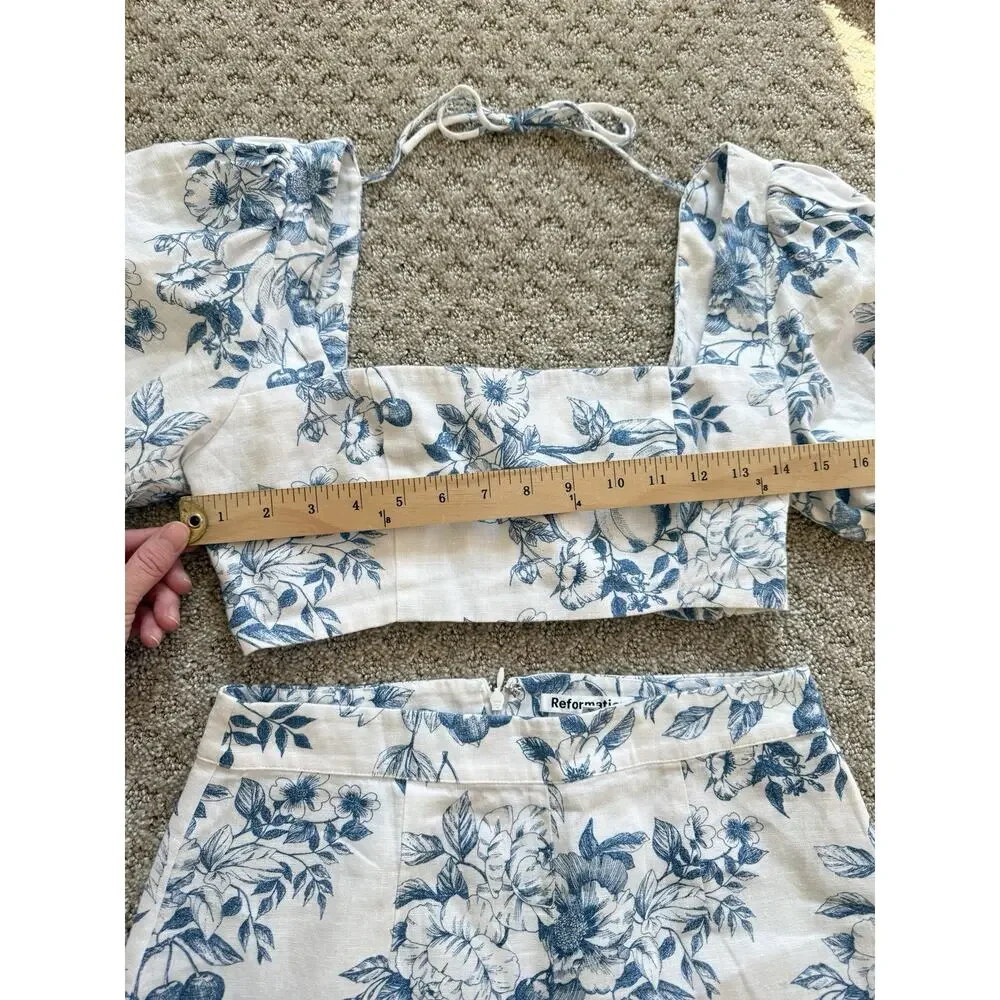 Reformation Jonas Linen 2 Piece Skirt Top Floral Sz 6 Blue White Set Resort